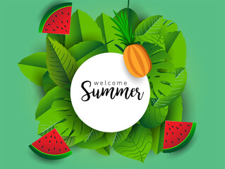 Summer vector banner design with tropical fruits and palm leaves background. Vector illustration.