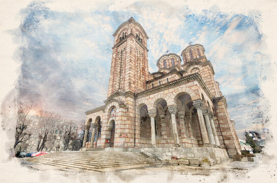 Crkva Svetog Marka (Saint Mark's Church) in Belgrade, Serbia. Serbian Orthodox church located in the Tasmajdan park. Watercolor style illustration