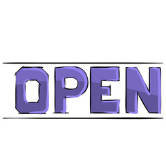 the word is open written in blue, typography, cartoon illustration, isolated object on a white background, vector illustration,