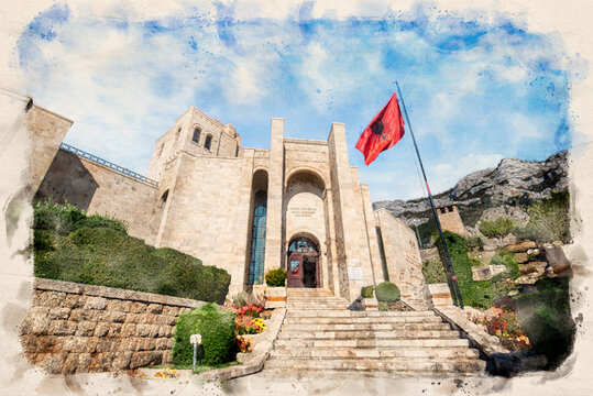 The Skanderbeg Museum in Kruje, Albania. The building of George Castriot ( Skanderbeg ) - national albanian hero. Kruje ( Kruja ) Castle and fortress. Watercolor style illustration