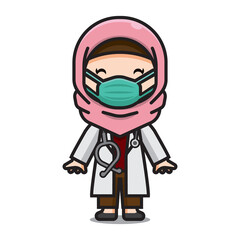 Illustration of Cute Doctor Muslim Hitting Corona Virus Vector The Concept of Isolated Technology. Flat Cartoon Style Suitable for Landing Web Pages, Banners, Flyers, Stickers, Cards