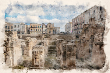 LECCE, Puglia ,Italy. The Roman amphitheater (Anfiteatro romano), Church of Santa Maria della Grazia on Sant'Oronzo Square (Piazza). Watercolor style illustration