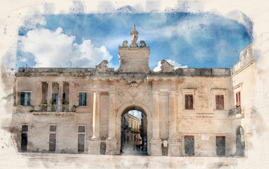 Fototapeta na wymiar Lecce, Puglia, Italy. Porta San Biagio gate in Piazza di Italia square. One of the three historic gates to enter the historical center of the city. Watercolor style illustration