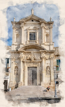 LECCE, Puglia ,Italy. Church of Santa Maria della Grazia on Sant'Oronzo Square (Piazza). Watercolor style illustration