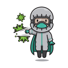 Illustration of Cute Doctor Protective Suit Hitting Corona Virus Vector The Concept of Isolated Technology. Flat Cartoon Style Suitable for Landing Web Pages, Banners, Flyers, Stickers, Cards