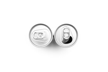 Flat lay of Two aluminum can opened on white background 