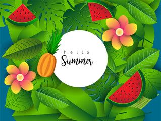Summer vector banner design with tropical fruits and palm leaves background. Vector illustration.