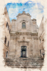 Fototapeta na wymiar Matera, Italy - The church of Santa Lucia in the Old City of Matera in the region of Basilicata in Puglia. Watercolor style illustration