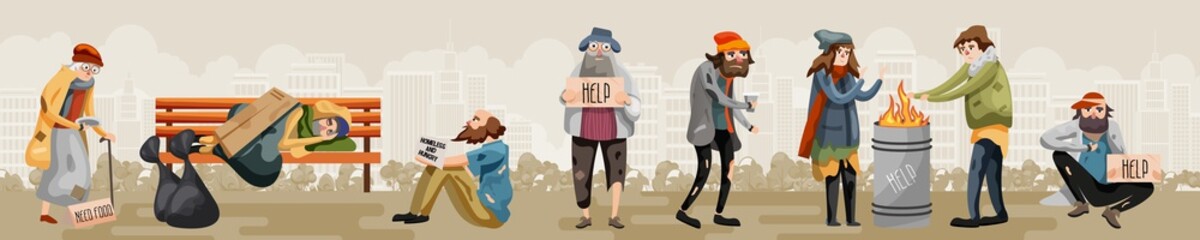 Homeless people. Unemployment homeless and hungry people need help and food set. Poor refugee jobless man and woman living on street vector illustration