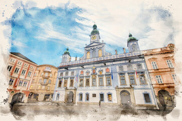 Fototapeta na wymiar CESKE BUDEJOVICE, CZECH REPUBLIC. The main square with the Renesance Town Hall. Watercolor style illustration