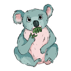 Koala eating eucalyptus cartoon doodle. Cute koala animal chewing leaves comic style drawing for children. Vector stock image