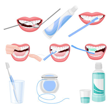 Toothbrush and Toothpaste for Oral Hygiene with Teeth Brushing Procedure Showing Vector Set