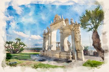 Obraz premium Fontana del Gigante o dell'Immacolatella (Fountain of the Giant) in Naples. Campania, Italy. Napoli. Watercolor style illustration
