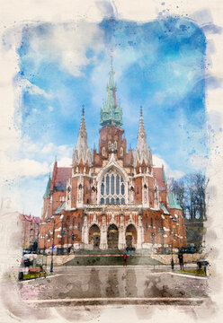 KRAKOW, POLAND. Church Joseph (Parish of St. Joseph) - a historic Roman Catholic church. Watercolor style illustration