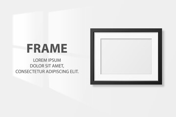 Vector 3d Realistic Black Horizontal Wooden Simple Modern Frame Icon Closeup Isolated on White Wall Background with Window Light. It can be used for presentations. Design Template, Mockup, Front View