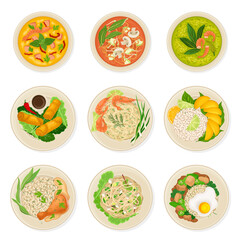 Thai Dishes and Main Courses with Noodle Soup and Rice Top View Vector Set