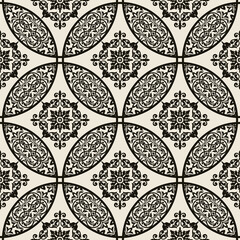 Seamless patchwork tile with Islam, Arabic, Indian, Ottoman motifs. Majolica pottery tile. Portuguese and Spain decor. Ceramic tile in talavera style. Vector illustration