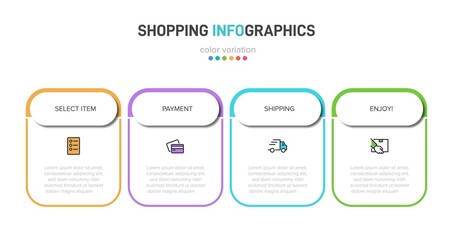 Concept of shopping process with 4 successive steps. Four colorful graphic elements. Timeline design for brochure, presentation, web site. Infographic design layout.