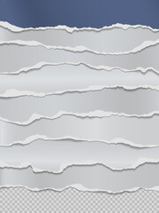 Naklejka premium Pieces of torn, ripped white and blue vertical paper with soft shadow are on squared background for text. Vector illustration