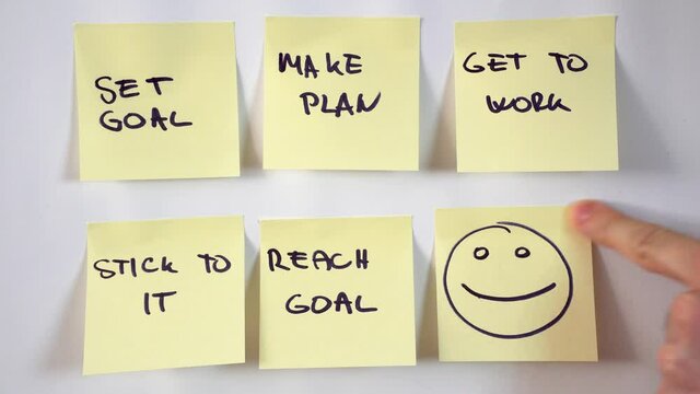 Hand of caucasian man sticking goal notes on whiteboard.