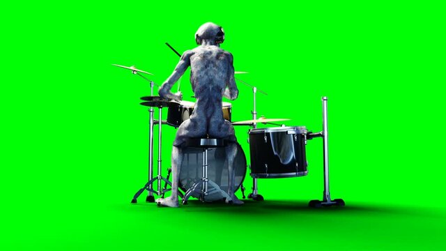 Funny alien plays on drums. Realistic motion and skin shaders. 4K green screen footage.