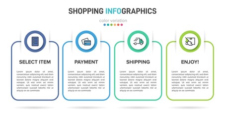Fototapeta premium Concept of shopping process with 4 successive steps. Four colorful graphic elements. Timeline design for brochure, presentation, web site. Infographic design layout.