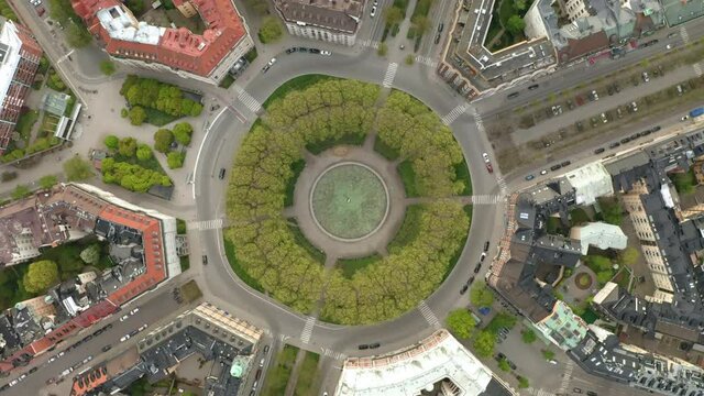 Aerial view Karlaplan Park, Square and Fountain in Stockholm, Sweden. Spinning shot.