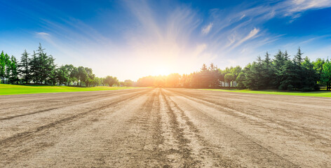 Rural dirt road ground and green forest at sunrise.