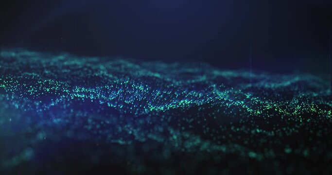 Flowing particles ocean waves in 3D space sequence. Particle animation of ocean with wind and waves floating on screen with Z depth - Intro and opener in 4K