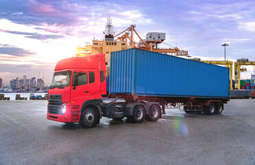 Truck transportation,import,export logistic industrial with beautiful sky and shipyard background,Thailand