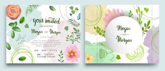 Wedding Invitation, Invitation card with floral and green tropical leaves, modern card Design, decorative wreath & frame pattern. Vector elegant watercolor template