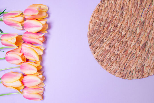 bouquet of tulips , rottan circle on purple colored paper background