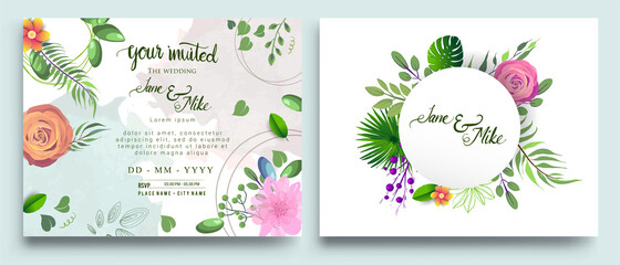 Wedding Invitation, Invitation card with floral and green tropical leaves, modern card Design, decorative wreath & frame pattern. Vector elegant watercolor template