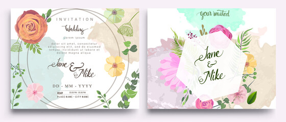 Fototapeta na wymiar Wedding Invitation, Invitation card with floral and green tropical leaves, modern card Design, decorative wreath & frame pattern. Vector elegant watercolor template
