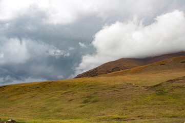 Beautiful minimalist landscape of green and yellow hills field with big clouds covering the land, Kyrgyzstan