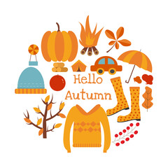 Autumn icons set. Hello autumn decoration. Vector illustration.