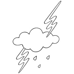 Lightning, cloud and raindrops. Storm. Vector illustration. Outline on an isolated white background. Sketch. Weather forecast. The beginning of a downpour. Doodle style. Bright electric discharge. 