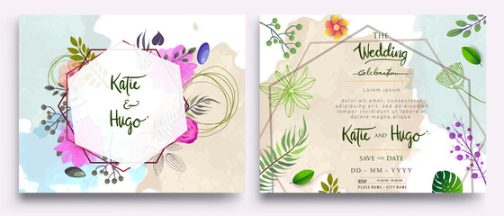 Wedding Invitation, Invitation card with floral and green tropical leaves, modern card Design, decorative wreath & frame pattern. Vector elegant watercolor template