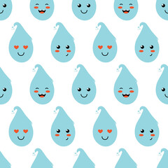 Vector cartoon style blue waterdrops, rain characters seamless pattern background.