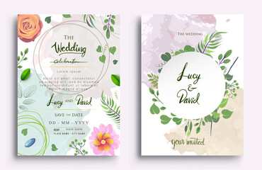 Wedding Invitation, Invitation card with floral and green tropical leaves, modern card Design, decorative wreath & frame pattern. Vector elegant watercolor template