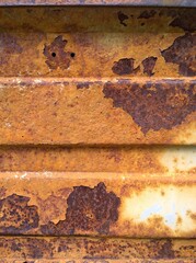 Sheet metal corrosion of old steel equipment. Rusty surface. Imperfection rust background. Damaged texture. Protection and painting plate. Professional paintwork concept. Brown backdrop. 