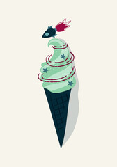 hand drawn ice cream in a cone with space theme vector illustration. creative food designs for fabric, wrapping, wallpaper, textile, apparel.