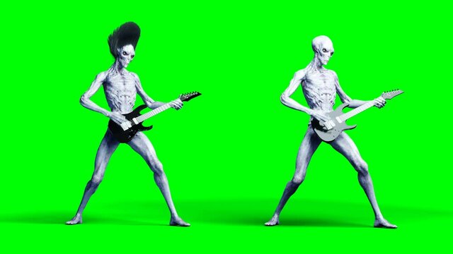 Funny alien plays on electric guitar. Realistic motion and skin shaders. 4K green screen footage.
