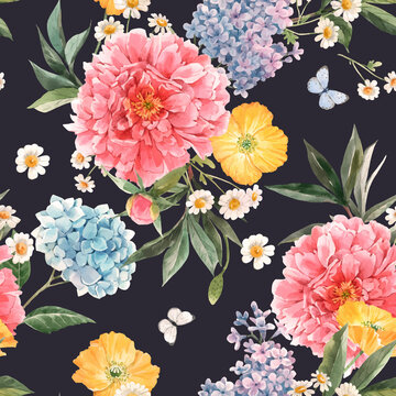 Beautiful vector seamless pattern with watercolor pink peony, blue hydrangea and lilac summer flowers and butterflies. Stock floral illustration.
