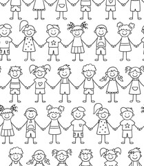 Seamless pattern of funny kids holding hands. Friendship concept. Happy cute doodle children. Vector illustration in hand drawn style on white background