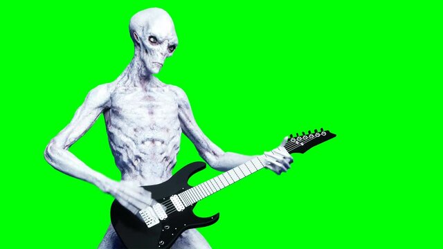 Funny alien plays on electric guitar. Realistic motion and skin shaders. 4K green screen footage.
