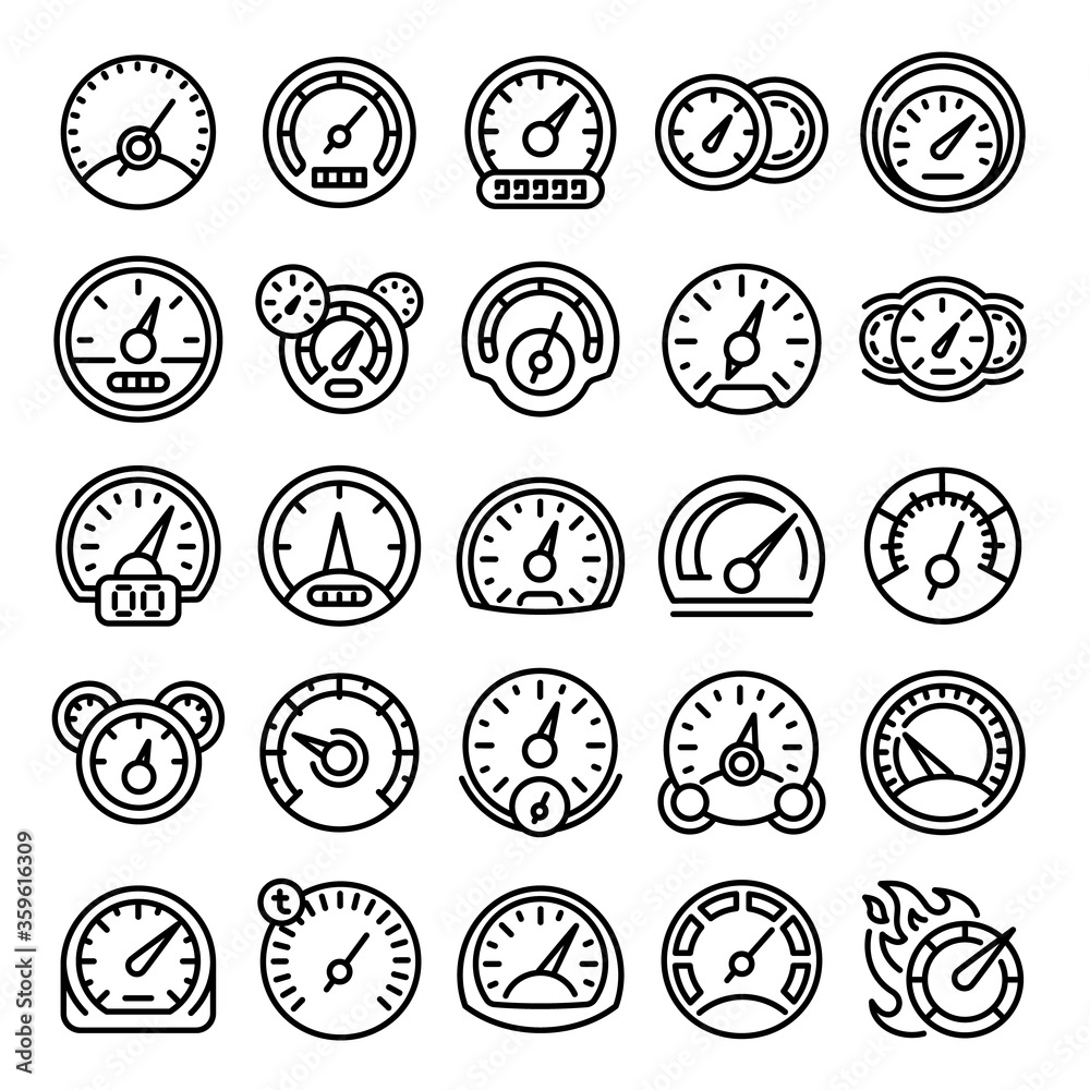 Poster speedometer icons set. outline set of speedometer vector icons for web design isolated on white back