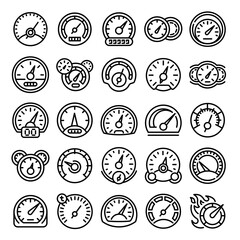 Speedometer icons set. Outline set of speedometer vector icons for web design isolated on white background