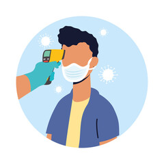 check temperature with laser thermometer to male patient