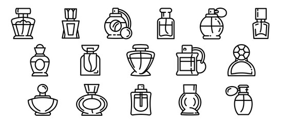 Fragrance bottles icons set. Outline set of fragrance bottles vector icons for web design isolated on white background